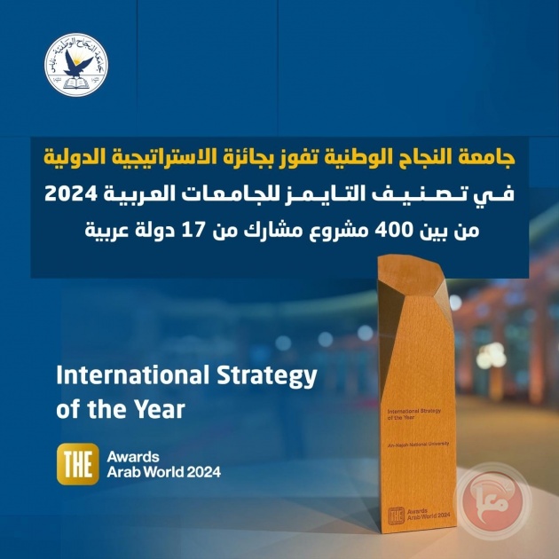 جامعة النجاح تفوز بجائزة الاستراتيجية الدولية في تصنيف التايمز للجامعات العربية 2024