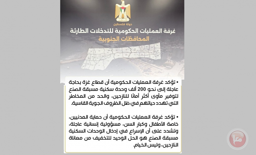 “العمليات الحكومية”: غزة تواجه منخفضا جويا خطرا والنازحون مهددون بالغرق